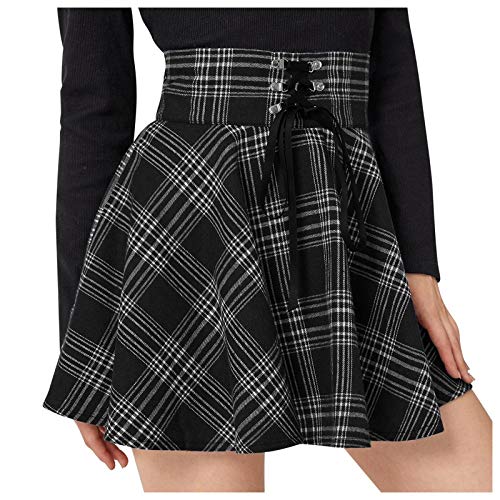 Damen Plaid Glencheck A-Linie Hohe Taille Flare Plissee Mini Schwarz Rock Kleid Mini-Faltenrock, Kariert, Gothic-Stil, Zum Schnüre, Gothic High Waist Flare Short Mini Skater Rock (Schwarz, M) von QIUhhpuy