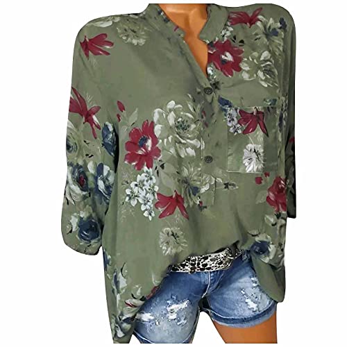 Damen T-Shirt Langarm V-Ausschnitt Floral Knopfleiste Plissee Henley Bluse Casual Locker Blumen Tunika Tops Lang Ärmelshirt mit Bündchen Lässige Plissee Fließend Tunika Bluse von QIUhhpuy