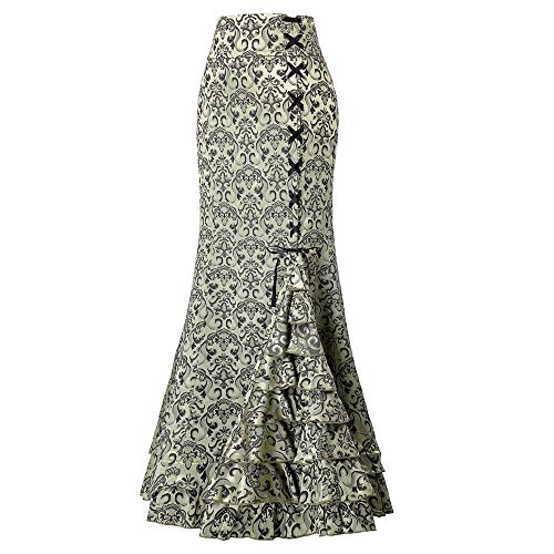 Damen Viktorianischer Steampunk Geraffter Gothic Vintage Lace Up Stufig Rüschen Fischschwanz Meerjungfrau Maxi Rock Frauen Punk Stil Retro Lang Bodycon Rock mit Spitze von QIUhhpuy