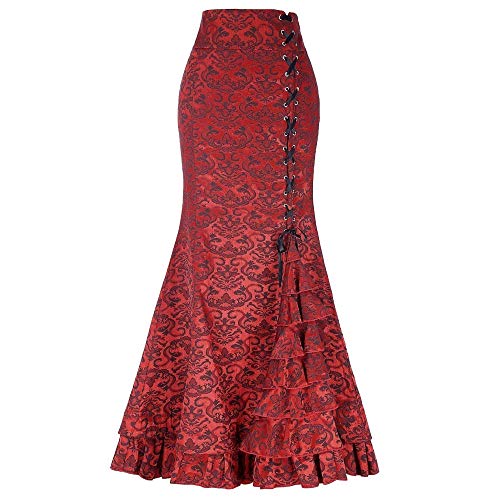 Damen Viktorianischer Steampunk Geraffter Gothic Vintage Lace Up Stufig Rüschen Fischschwanz Meerjungfrau Maxi Rock Frauen Punk Stil Retro Lang Bodycon Rock mit Spitze von QIUhhpuy