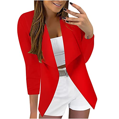 QIUhhpuy Damen Blazer Elegant Tailliert Business Anzug 3/4 Ärmel Jacke Tailliert Kurzblazer Elegant Langarm Business Büro Jäckchen Jacket Kurz Anzug Slim Jacke Casual Mantel Oberteil Tops (Rot, XL) von QIUhhpuy