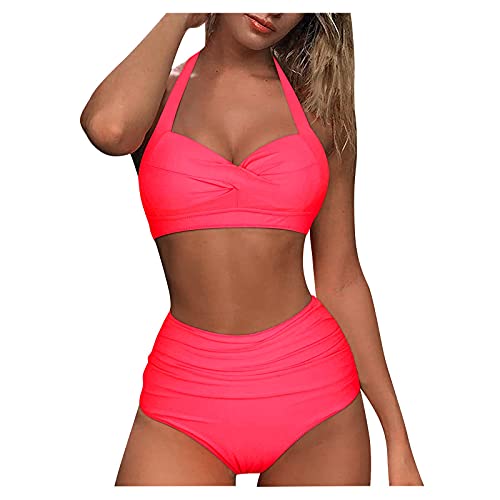 QIUhhpuy Damen Cross Back Badeanzüge Twist Front Bademode Bikini Sets Zweiteiliger Swimsuit Halter Bikinioberteil mit Vorderseitigem Knoten Hoch Taillierte Tankini Hose mit Leichten Rüschen von QIUhhpuy