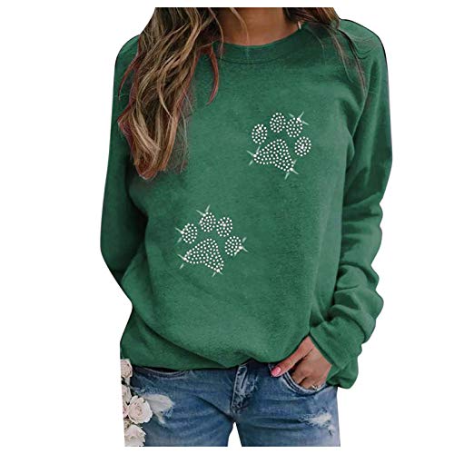 QIUhhpuy Damen Hoodie Kapuzenpullover Glitzer Vier Pfoten Tatzen Hund Kristall Hundes Dog mit Pfote Kristall Lässiges Damen T-Shirt mit Diamantbesetztem Hundepfoten-Print Oben Pullover von QIUhhpuy