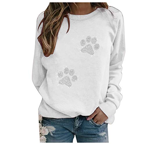 QIUhhpuy Damen Hoodie Kapuzenpullover Glitzer Vier Pfoten Tatzen Hund Kristall Hundes Dog mit Pfote Kristall Lässiges Damen T-Shirt mit Diamantbesetztem Hundepfoten-Print Oben Pullover von QIUhhpuy