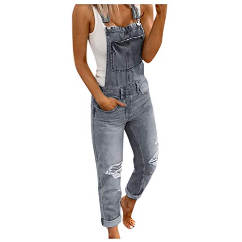 QIUhhpuy Damen Latzhosen Denim Overall Zerrissen Jumpsuit Casual Jeans Gerades Bein Frauen Klassisch Latzjeans Vintage Straight Fit Overalls Baggy Boyfriend Ärmellos mit Taschen (Grau, M) von QIUhhpuy