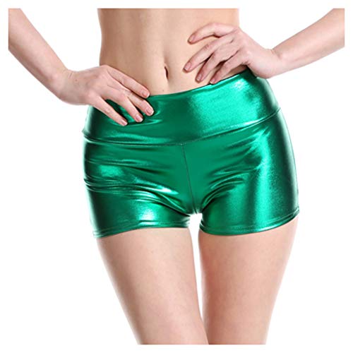 QIUhhpuy Damen Sexy Leder Shorts Glanz Taille PU Lederoptik Kurze Hose Lederimitat Kunstlederhose Metallic Hotpants Glänzende Shorts mit Hoher Taille Tanz Disco Kostüm Fasching Karneval (Grün, M) von QIUhhpuy