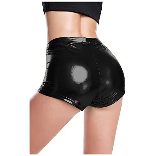 QIUhhpuy Damen Sexy Leder Shorts Glanz Taille PU Lederoptik Kurze Hose Lederimitat Kunstlederhose Metallic Hotpants Glänzende Shorts mit Hoher Taille Tanz Disco Kostüm Fasching Karneval (Schwarz, S) von QIUhhpuy