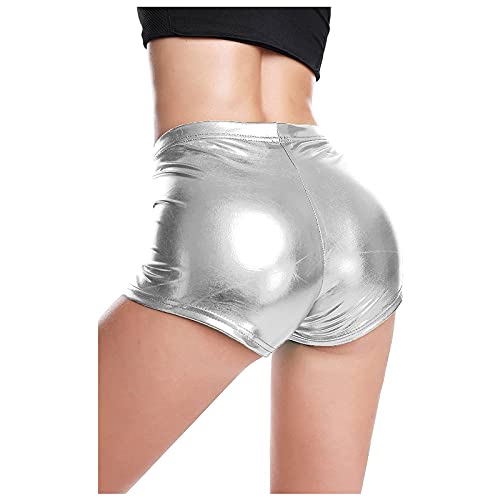 QIUhhpuy Damen Sexy Leder Shorts Glanz Taille PU Lederoptik Kurze Hose Lederimitat Kunstlederhose Metallic Hotpants Glänzende Shorts mit Hoher Taille Tanz Disco Kostüm Fasching Karneval (Silber, L) von QIUhhpuy