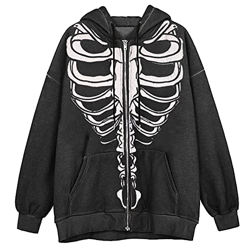 QIUhhpuy Damen Zip Up Kapuzenpullover Aesthetic Grafik Kapuzen Sweatshirt Skelett Pullover Hoodie 90s Streetwear Jacke mit Reißverschluss Totenkopf-Print Kapuzenjacke mit Kapuze E-Girl Top von QIUhhpuy