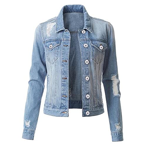 QIUhhpuy Jeansjacke Damen Jeans Jacke Zerrissene Löcher Denim Jackt Übergangsjacke Bikerjacke Kurze Slim Fit Sommerjacke Herbstjacke Winterjacke von QIUhhpuy