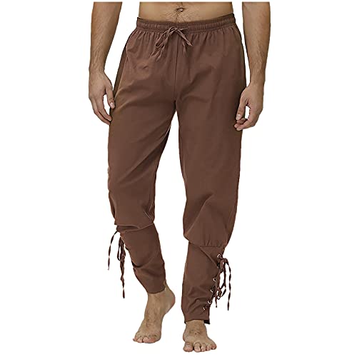 QIUhhpuy Mittelalterhose Herren Knöchelriemen Hosen Renaissance Hosen Mittelalterliche Kleidung mit Kordelzug Einfarbige Freizeithosen Wikinger-Hose Piratenhose Casual Strandhosen von QIUhhpuy