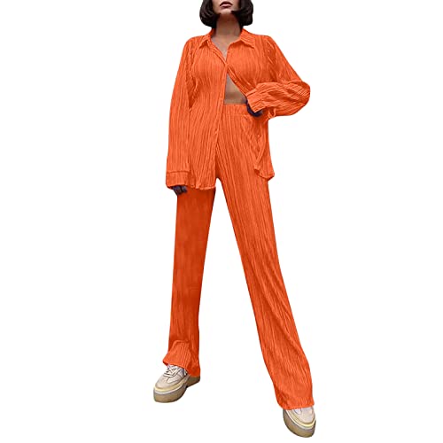 QIUhhpuy Plissee Damen Set, Zweiteiler Damen, Damen Zweiteiler Plissee Set Elegant Hosenanzug Langarm Revers Bluse + Weites Bein Hose Sommer Herbst Outfit Casual Loungewear Streetwear von QIUhhpuy