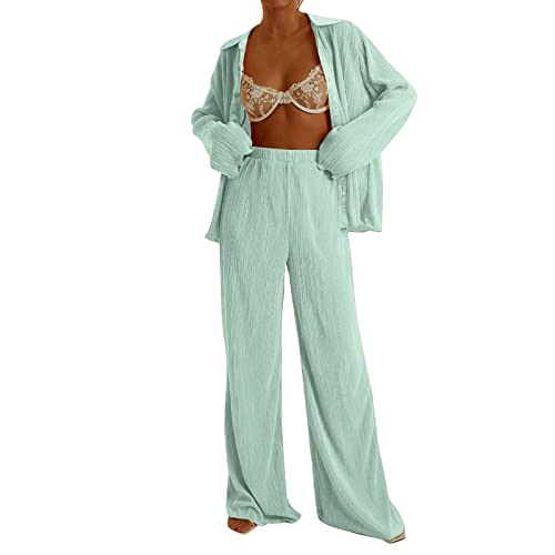 QIUhhpuy Plissee Damen Set, Zweiteiler Damen Sommer, Damen Zweiteiler Plissee Set Elegant Hosenanzug Langarm Revers Bluse + Weites Bein Hose Sommer Herbst Outfit Casual Loungewear Streetwear von QIUhhpuy