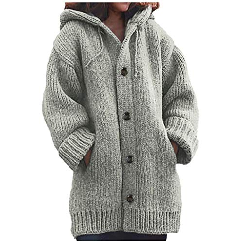 QIUhhpuy Strickjacke Damen Cardigan Grobstrick mit Kapuze gefüttert Outwear Langarm für Gestrickt Winterjacke warm Herbst Und Winter Strickpullover Mittellanger Mantel, Top, Casual (Grau, S) von QIUhhpuy