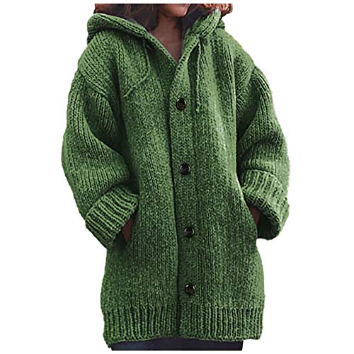 QIUhhpuy Strickjacke Damen Cardigan Grobstrick mit Kapuze gefüttert Outwear Langarm für Gestrickt Winterjacke warm Herbst Und Winter Strickpullover Mittellanger Mantel, Top, Casual (Grün, XXL) von QIUhhpuy