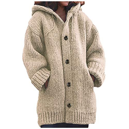 QIUhhpuy Strickjacke Damen Cardigan Grobstrick mit Kapuze gefüttert Outwear Langarm für Gestrickt Winterjacke warm Herbst Und Winter Strickpullover Mittellanger Mantel, Top, Casual (Khaki, XXXXXL) von QIUhhpuy