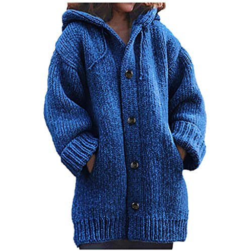 QIUhhpuy Strickjacke Damen Cardigan Grobstrick mit Kapuze gefüttert Outwear Langarm für Gestrickt Winterjacke warm Herbst Und Winter Strickpullover Mittellanger Mantel, Top, Casual (Marine, XXXL) von QIUhhpuy