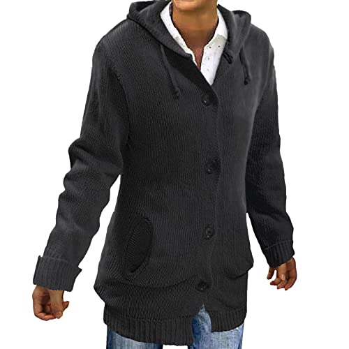 QIUhhpuy Strickjacke Damen Cardigan Grobstrick mit Kapuze gefüttert Outwear Langarm für Gestrickt Winterjacke warm Herbst Und Winter Strickpullover Mittellanger Mantel, Top, Casual (Schwarz, XL) von QIUhhpuy