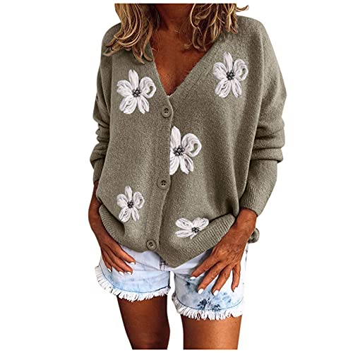 QIUhhpuy Strickjacke Damen Sexy V-Ausschnitt, Blumen Stickerei Strick, Kurz Cardigan Warme Strickpullover mit Knöpfe Oberteil Casual Lose Strickcardigan Elegeant Herbst Winter Jacke von QIUhhpuy