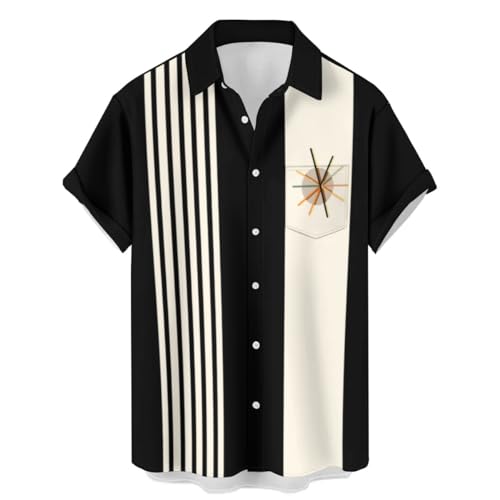QIVICIMA Herren Button Down Bowlinghemd Cowboyhemd Kurzarm Hemd Oversized Western Hawaiihemd, Retro Bowling Schwarz, 6X-Groß von QIVICIMA