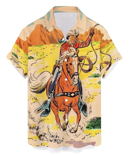 QIVICIMA Herren Retro Bowling Shirts 50er Jahre Rockabilly Style Button Down Shirts Vintage Style Camp Shirt, 1 1 E35 Cowboy Yellow St, XX-Large von QIVICIMA