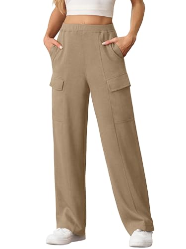 QIXING Cargo Jogginghose Damen Baggy Lässige Weite Hose Herbst Winter 2024 Bequeme Sweatpants Einfarbige Sweathose mit Taschen(Braun, M) von QIXING