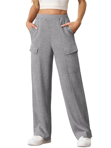 QIXING Cargo Jogginghose Damen Baggy Lässige Weite Hose Herbst Winter 2024 Bequeme Sweatpants Einfarbige Sweathose mit Taschen(Dunkelgrau, XS) von QIXING
