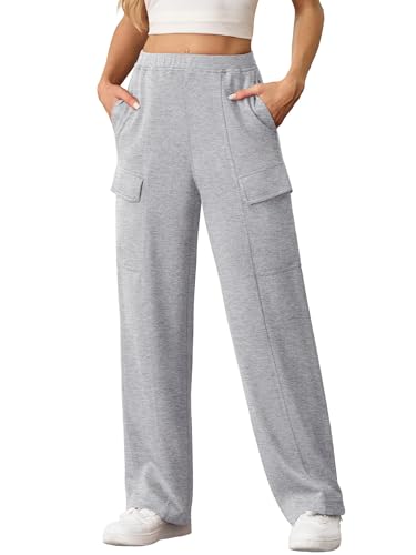 QIXING Cargo Jogginghose Damen Baggy Lässige Weite Hose Herbst Winter 2024 Bequeme Sweatpants Einfarbige Sweathose mit Taschen(Felsen Grau, XS) von QIXING