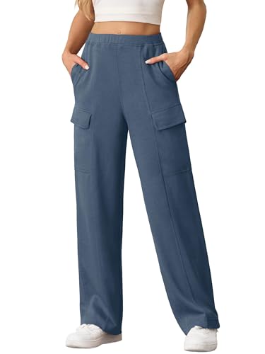 QIXING Cargo Jogginghose Damen Baggy Lässige Weite Hose Herbst Winter 2024 Bequeme Sweatpants Einfarbige Sweathose mit Taschen(Nebliges Blau, L) von QIXING