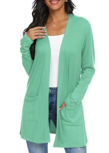 QIXING Casual Leichte Strickjacke Damen Lang Elegant Dünne Strickjacke Lange Ärmel mit Taschen Open Front Cardigan Damen Herbst (Aquamarin, XXL) von QIXING