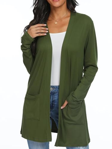 QIXING Casual Leichte Strickjacke Damen Lang Elegant Dünne Strickjacke Lange Ärmel mit Taschen Open Front Cardigan Damen Herbst (Armeegrün, L) von QIXING