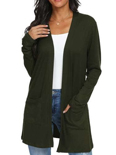 QIXING Casual Leichte Strickjacke Damen Lang Elegant Dünne Strickjacke Lange Ärmel mit Taschen Open Front Cardigan Damen Herbst (Dunkelgrün, S) von QIXING