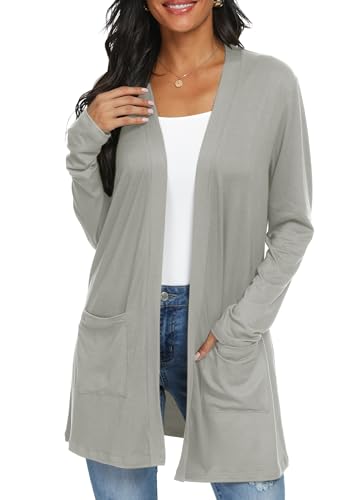 QIXING Casual Leichte Strickjacke Damen Lang Elegant Dünne Strickjacke Lange Ärmel mit Taschen Open Front Cardigan Damen Herbst (Grau, M) von QIXING