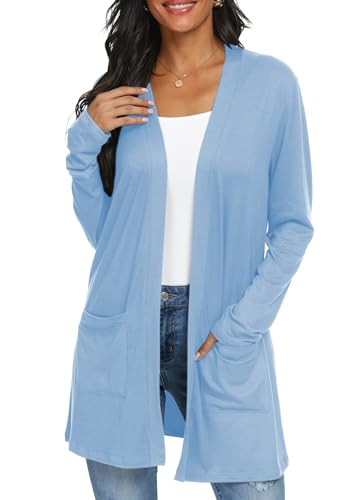 QIXING Casual Leichte Strickjacke Damen Lang Elegant Dünne Strickjacke Lange Ärmel mit Taschen Open Front Cardigan Damen Herbst (Himmelblau, XL) von QIXING