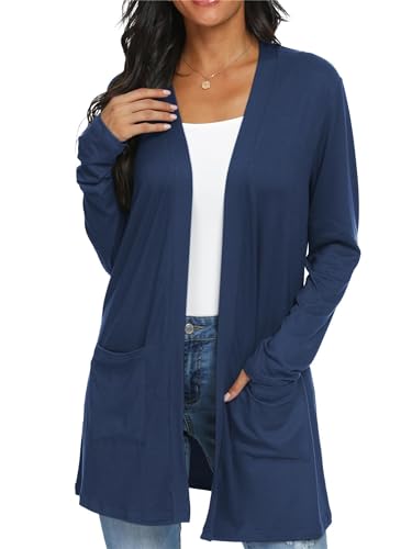 QIXING Casual Leichte Strickjacke Damen Lang Elegant Dünne Strickjacke Lange Ärmel mit Taschen Open Front Cardigan Damen Herbst (Marineblau, S) von QIXING