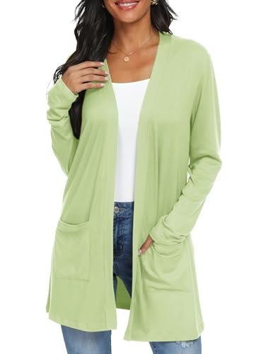 QIXING Casual Leichte Strickjacke Damen Lang Elegant Dünne Strickjacke Lange Ärmel mit Taschen Open Front Cardigan Damen Herbst (Olive, XXL) von QIXING