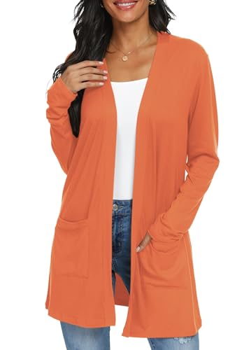 QIXING Casual Leichte Strickjacke Damen Lang Elegant Dünne Strickjacke Lange Ärmel mit Taschen Open Front Cardigan Damen Herbst (Orange, XXL) von QIXING
