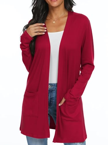 QIXING Casual Leichte Strickjacke Damen Lang Elegant Dünne Strickjacke Lange Ärmel mit Taschen Open Front Cardigan Damen Herbst (Rot, L) von QIXING