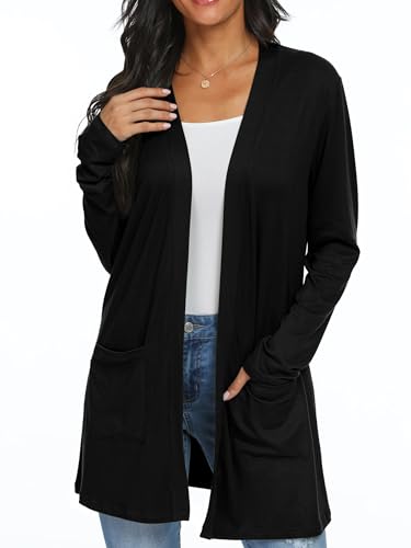 QIXING Casual Leichte Strickjacke Damen Lang Elegant Dünne Strickjacke Lange Ärmel mit Taschen Open Front Cardigan Damen Herbst (Schwarz, L) von QIXING