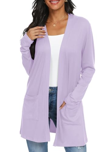 QIXING Casual Leichte Strickjacke Damen Lang Elegant Dünne Strickjacke Lange Ärmel mit Taschen Open Front Cardigan Damen Herbst (Violett, XL) von QIXING