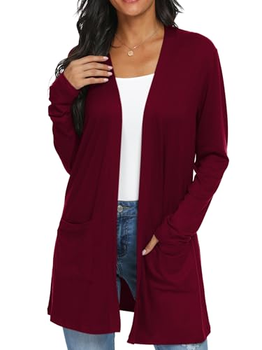 QIXING Casual Leichte Strickjacke Damen Lang Elegant Dünne Strickjacke Lange Ärmel mit Taschen Open Front Cardigan Damen Herbst (Weinrot, L) von QIXING