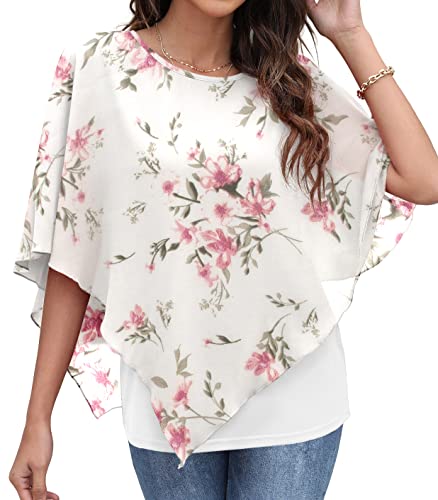 QIXING Chiffon Bluse Damen Elegant Sommer Kurzarm Tunika Rundhalsausschnitt Casual Batwing Sleeve Flowy T Shirts (FP Pfirsich-Weiß, L) von QIXING