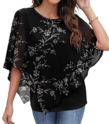 QIXING Chiffon Bluse Damen Elegant Sommer Kurzarm Tunika Rundhalsausschnitt Casual Batwing Sleeve Flowy T Shirts (FP Weiß Leaf Schwarz, S) von QIXING