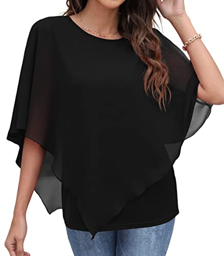 QIXING Chiffon Bluse Damen Elegant Sommer Kurzarm Tunika Rundhalsausschnitt Casual Batwing Sleeve Flowy T Shirts (Schwarz, S) von QIXING