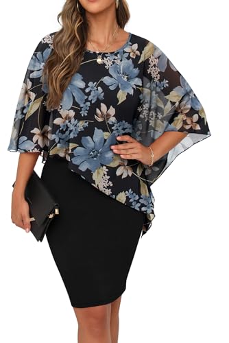 QIXING Damen Chiffon Cape Cocktialkleid Rundhals Ausschnitt Bleistiftkleid Sommerkleid Damen Knielang Elegant Abendkleid Mit Overlay Casual Bodycon Kleider (Blaue Blume-Schwarz, S) von QIXING