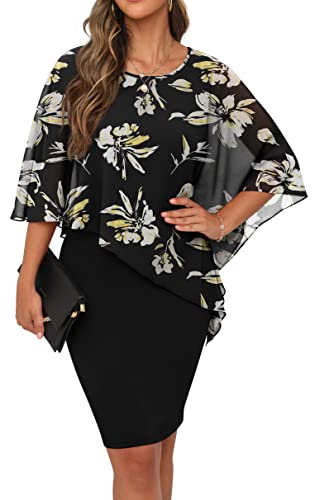 QIXING Damen Chiffon Cape Cocktialkleid Rundhals Ausschnitt Bleistiftkleid Sommerkleid Damen Knielang Elegant Abendkleid Mit Overlay Casual Bodycon Kleider (Blumen Liliengelb, M) von QIXING