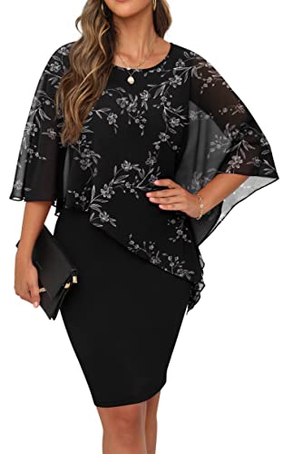 QIXING Damen Chiffon Cape Cocktialkleid Rundhals Ausschnitt Bleistiftkleid Sommerkleid Damen Knielang Elegant Abendkleid Mit Overlay Casual Bodycon Kleider (Blumen Schwarz-Weiß, S) von QIXING