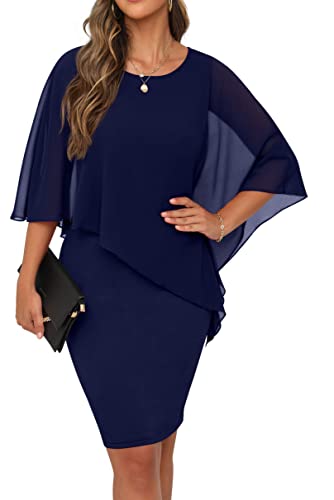 QIXING Damen Chiffon Cape Cocktialkleid Rundhals Ausschnitt Bleistiftkleid Sommerkleid Damen Knielang Elegant Abendkleid Mit Overlay Casual Bodycon Kleider (Marineblau, S) von QIXING