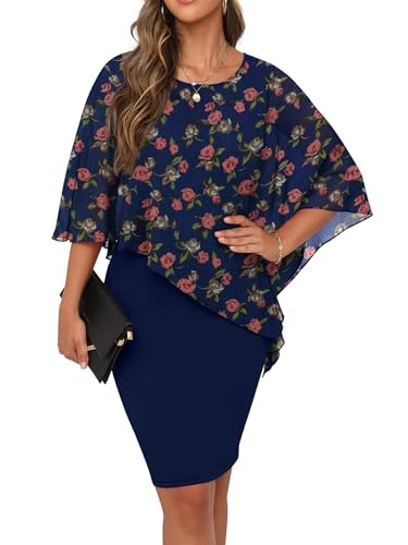 QIXING Damen Chiffon Cape Cocktialkleid Rundhals Ausschnitt Bleistiftkleid Sommerkleid Damen Knielang Elegant Abendkleid Mit Overlay Casual Bodycon Kleider (Marineblau Rose, S) von QIXING