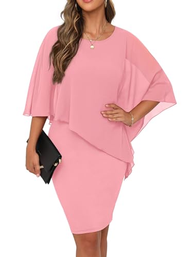 QIXING Damen Chiffon Cape Cocktialkleid Rundhals Ausschnitt Bleistiftkleid Sommerkleid Damen Knielang Elegant Abendkleid Mit Overlay Casual Bodycon Kleider (Rosa, M) von QIXING